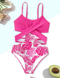 Leaf Print Suspender Swimsuit